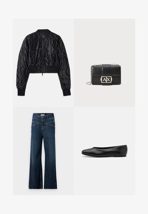 Przycięta czarna kurtka bombowca z błyszczącym, wirującym wzorem, prążkowanymi mankietami i pasem, oraz zamkiem błyskawicznym z przodu.; Czarny t-shirt wykonany z miękkiej bawełny, z okrągłym dekoltem, krótkimi rękawami i lekko skręconym fasonem zapewniającym luźny krój.; Spodnie typu wide-leg z ciemnoniebieskiego denimu, z wysokim stanem, dwiema przednimi kieszeniami i kontrastowymi przeszyciami.; Paul Smith TOPANGA czarny; Czarna skórzana torebka z pikowanym wzorem, srebrnym łańcuszkiem i wyraźnym srebrnym logo "AX" z przodu. Kompaktowy prostokątny kształt.