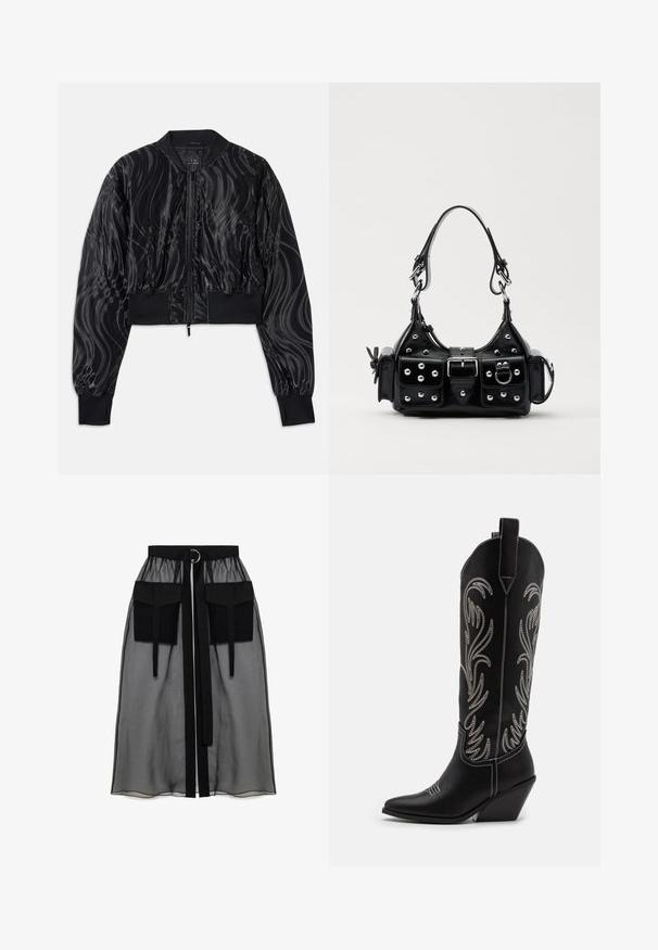 Fekete bomber dzseki, fényes, örvénylő mintával, bordás mandzsettákkal és derékrésszel, valamint elöl cipzárral.; Fekete, hosszúujjú felső áttetsző anyagból, kerek nyakkivágással, elöl gombos záródással és hullámos szegéllyel a mandzsettákon.; Fekete áttetsző szoknya ráncolt derékrésszel, két nagy elülső zsebbel, derékpánttal és kör alakú fém díszítéssel.; Fekete bőr cowboy csizmák hegyes orral, wedge sarkakkal és ezüst hímzett virágmintákkal a szár mentén. Kontraszt varrás az egész csizmán.; Fekete bőr kézitáska ívelt designnal, ezüst szegecsekkel, csattal és két oldalsó zsebbel. Állítható vállpánt a hordozási lehetőségekhez.