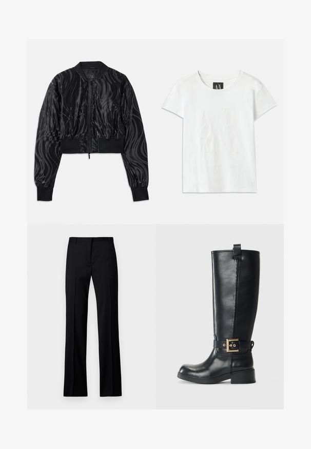 Jaqueta bomber preta cropped com um padrão brilhante e ondulante, punhos e bainha canelados, e fecho frontal com zíper.; T-shirt de algodão branca com mangas curtas, apresentando um logo em relevo "AX" na frente e o texto "ARMANI EXCHANGE" abaixo em um design sutil.; Calças pretas de perna reta em tecido suave, com frente lisa, passantes para cinto e sem bolsos ou adornos visíveis.; Bota de couro preta até ao joelho, com um pequeno salto bloco, uma tira decorativa com fivela dourada à volta do tornozelo e uma aba na parte superior.
