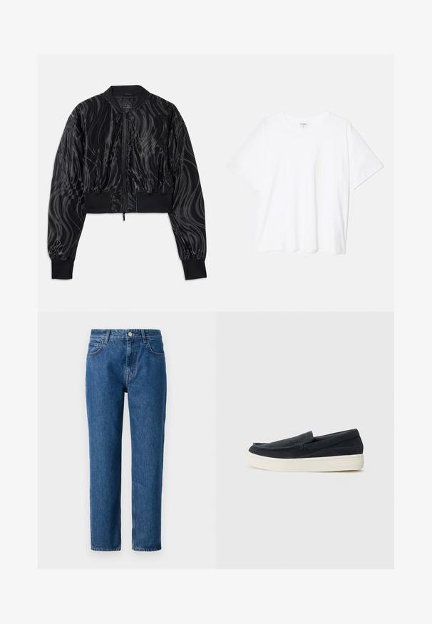 Izgriezta melna bombera jaka ar spīdīgu, griezīgu rakstu, ribotām piedurknēm un jostu, kā arī priekšējo daļu ar rāvējslēdzēju.; Balta kokvilnas T-krekls ar īsām piedurknēm, apaļu dekoltē, brīva piegriezuma un šūtu apakšmalu. Etiķete redzama iekšējā kakla daļā.; Zila denim džinsu bikses ar taisnu kāju griezumu, kas aprīkotas ar pogu aizdari, jostas cilpiņām un priekšējiem kabatām. Izgatavotas no teksturēta kokvilnas auduma.; Navy zīdai ādas slēgtas kurpes ar noapaļotu purngalu, kontrastējošu baltu gumijas zolu un minimālu šuvju pievienojumu gar šuvēm.