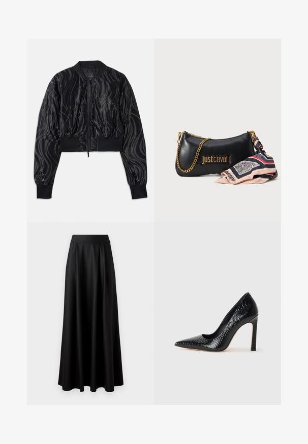 Korte zwarte bomberjack met een glanzend, draaiend patroon, geribde boorden en tailleband, en een rits aan de voorkant.; Zwarte long-sleeve body met een diepe V-hals, gelaagde ruches op de borst en klokmouwen. Glad, rekbaar materiaal.; Zwarte rok tot op de vloer met een gladde textuur, brede tailleband en geplooid ontwerp, zonder zichtbare patronen of versieringen.; Zwarte puntige hoge hak schoen met een krokodillenleren textuur, met een slank ontwerp, hoge stiletto-hak, en een gladde zwarte binnenkant.; Zwarte leren handtas met een gouden kettingband, voorzien van een logo en een patroon zijden sjaal die aan de zijkant is bevestigd, in contrasterende kleuren.