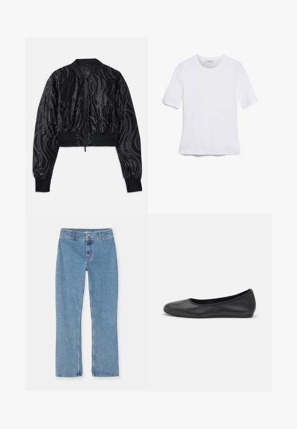 Lühendatud must bomber-jakk läikiva, keerleva mustriga, soonikkoes mansettide ja vöökoha ning esiseelisega.; Valge lühikeste varrukatega T-särk ribatud kangast. Ümara kaelusega, tavalisest sobivusest ja peente õmbluse detailidega. Ilma mustrite või graafikateta.; Heledad hall sinise sirge jala teksapüksid, nööbi ja luku sulgemisega, vöörihmadega ja standardõmblustega valgel taustal.; Musthave mustika tantsutossud mustast nahast, ümmarguse varbaga, siledast tekstuurist, minimaalse õmblusdetailiga ja paindliku tallakujundusega.