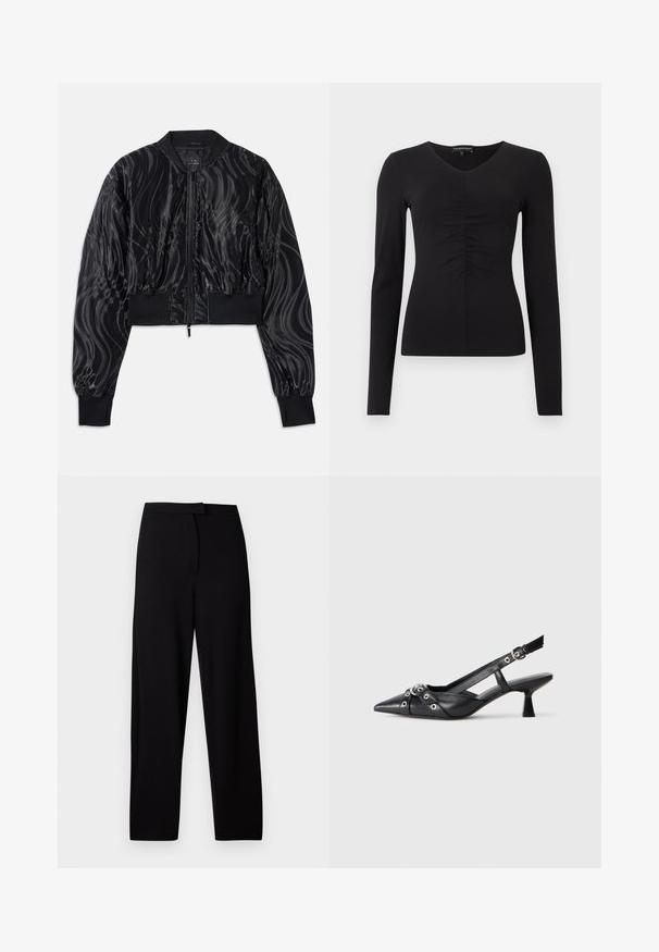 Lühendatud must bomber-jakk läikiva, keerleva mustriga, soonikkoes mansettide ja vöökoha ning esiseelisega.; Must pika varrukaga pluus V-kaelusega ja esiküljel volangudetailiga, tehtud siledast kangast. Keha järgiv siluett ja minimalistlik disain.; Mustad laiad püksid, mis on valmistatud pehmest ja venivast kangast. Omab siledat vöökohta ning nähtavaid õmblusi või taskuid ei ole. Lihtne ja mitmekülgne disain.; Must must have must toote tõmblukuga, dekoratiivsed rihmad metallist silmadega ja madal blokk-kand. Tekstureeritud pind.