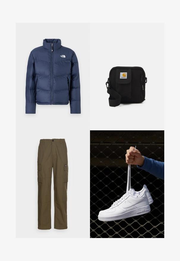 Tumedat sinine puhvjack, millel on kõrge kaelus, ees lukuga ja vasakul rinnal brodeeritud logo; omab horisontaalset tikandit.; Valge lühikeste varrukatega T-särk, mis on valmistatud puuvillast, omades ümmargust kaelust ja siledat tekstuuri, sirge lõike ja ilma mustrita.; Oliivroheline cargo-püksid, mis on valmistatud vastupidavast kangast. Omavad kahte külgetaskut, standardset vöökoht ja sirget lõiget.; Valged nahast tennisetossud, millel on perforatsioonid, ümar nina, lame tallus ja paksud nöörid, nähtava swooshi logoga ja "AIR" kontsadel.; Mustmust kott, millel on lukkudega peamine ruum, esikott, reguleeritav rihm ja nähtav logofirma kleebis kaasel.