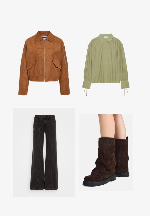 Burgundy mākslīgās zamšādas īsa jaka ar priekšējo rāvējslēdzēju, izliektu apkakli, divām sānu kabatām un papildus rāvējslēdzējamu kabatu uz piedurknes.; Gai zaļš garo piedurkņu krekls ar pogu aizdari priekšpusē, apkakli, teksturētu audumu un kakla detaļām pie aprocēm. Taisnas apakšmalas dizains.; Melni platajā kājā džinsi, izgatavoti no denim, ar augstu jostasvietu, priekšējām kabatām un tonāliem šuvju dūrieniem.; Brūni zamšādas puszābaki līdz teļiem ar melnām gumijas zālēm uz atklātām kājām, ar vieglu krokām uz zābaku kājām.