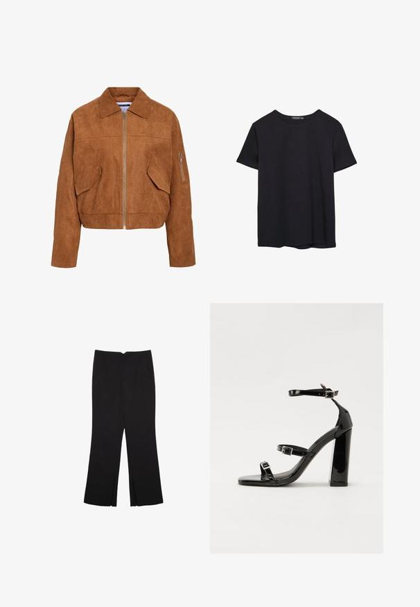 Brun faux-suede kort jacka med frontdragkedja, spetsig krage, två sidofickor och en extra dragkedjeficka på ärmen.; En enkel svart bomulls T-shirt med kort ärm och rund hals, uppvisad på en vit bakgrund.; Svarta byxor med rak passform, utrustade med framfickor och sidoklyvningar vid fållen. Tillverkade av mjukt, slätt tyg. Lämpliga för olika tillfällen.; Svarta lackerade klacksandaler med fyrkantig tå, ankelremmar och silverfärgade spännen. Har en kraftig blockklack för stabilitet.