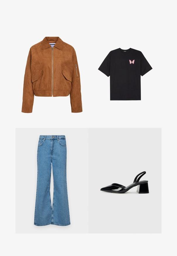 Rjava umetna zamska kratka jakna s sprednjim zadrgo, izbočenim ovratnikom, dvema stranskima žepoma in dodatnim žepom z zadrgo na rokavu.; Črna bombažna majica s kratkimi rokavi, ki ima majhen roza metuljček na levi strani prsnega dela. Majica s krožnim ovratnikom in sproščenim krojem.; Svetlo modri razširjeni džins hlače iz denima, z visokim pasom, petimi žepi in enim gumbom za zapiranje. Mehka tekstura z blagim zbledelim videzom.; Črne lakirane slingback pete s koničastim nosom in geometrijsko blokasto peto. Imajo eleganten, minimalističen dizajn in gladko teksturo.