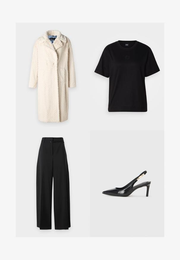 Cremfarbener Kunstfellmantel mit einem Fischgrätmuster, doppelter Knopfleiste, Reverskragen und seitlichen Taschen.; Schwarzes Baumwoll-T-Shirt mit Rundhalsausschnitt, kurzen Ärmeln und aufgesticktem Logo auf der Brust. Einfacher, lässiger Schnitt ohne Muster.; Schwarze weite Hose mit hohem Bund und Gurt. Sie hat eine glatte Textur und klare Linien und ist für eine lockere Passform konzipiert.; Schwarzer Leder-Slingback-High-Heel-Schuh mit spitzem Zeh, glatter Textur und schmalem Knöchelriemen, der mit goldenen Hardware-Akzenten verziert ist.