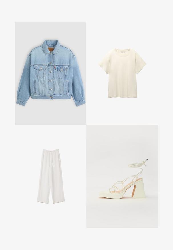 Svijetloplava traper jakna s klasičnom kragnom, dugmadi na zatvaranju, dva džepa na prsima, ležernim krojem i vidljivim šavovima.; Svijetlo bež majica kratkih rukava s okruglim izrezom, izrađena od meke, glatke tkanine. Karakterizira je opušteni kroj i ravni rub.; Bijele hlače širokih nogavica napravljene od lagane tkanine. Imaju elastičan pojas s ušicom i bočne džepove. Glatka tekstura.; Bijela sandala na visokoj potpetici s debelim petom, s remenom i vezanjem oko gležnja. Glatka tekstura s platformom sprijeda za dodatnu visinu.