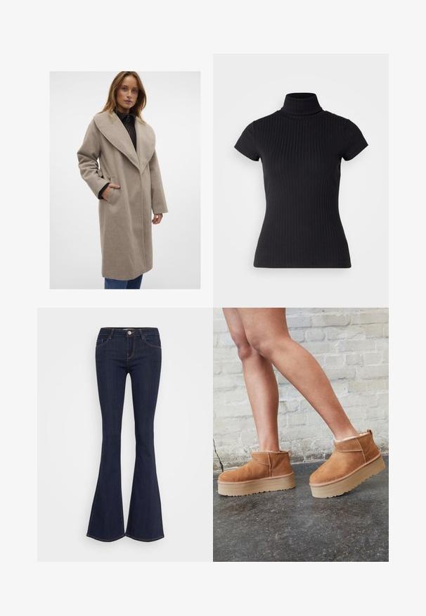 Beezist villasegu lihtne mantel laia kraega, pikkade varrukatega, küljetaskute ja vaba lõikega, seljas tumeda pealise ja siniste teksadega.; Must musta, lühikeste varrukatega kõrge kaelusega turtleneck särk, valmistatud ribakanga materjalist, millel on õhuke lõige ja kõrge kaelus. Lihtne ja tekstuurne muster.; Tumedast denimist valmistatud flared teksad, millel on sobiv puusavöö, eesmine nööbikinnitus, viie taskuga disain ja õmblusest detailid jalgadel.; Pruunist seemsest valmistatud pahkluu saapad, millel on pehme vooder, paks beež platvormi konts ja tagumine tõmblukk. Tekstureeritud pind nähtavate õmbluse detailidega.