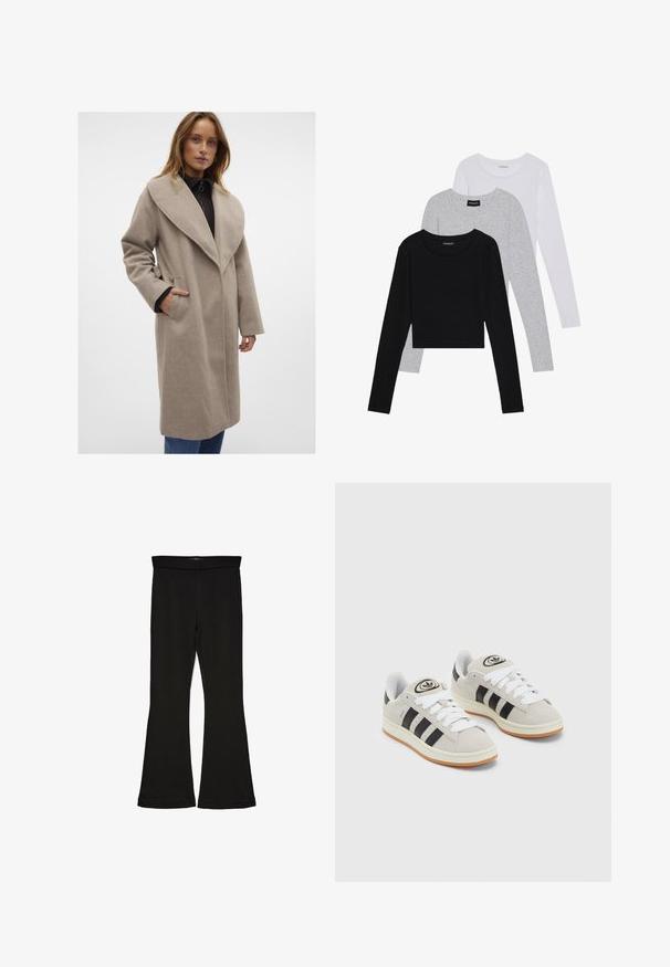 Bežna volnena bunda s širokim ovratnikom, dolgimi rokavi, stranskimi žepi in ohlapnim krojem, oblečena čez temno majico in modre kavbojke.; Tri dolga rokava zložena: črna, siva in bela. Vsaka ima okroglo izreznico in skrajšan dizajn z gladkim, lahkotnim materialom.; Črne flare leggings iz raztegljive tkanine. Imajo širok pas in gladko teksturo, s prilegajočo silhueto, ki se na robu razširi.; Sive športne čevlje iz semiša z belimi vezalkami, črnimi črtami in belim gumijastim podplatom. Imajo okroglo oznako na ježku in podplat iz gume.