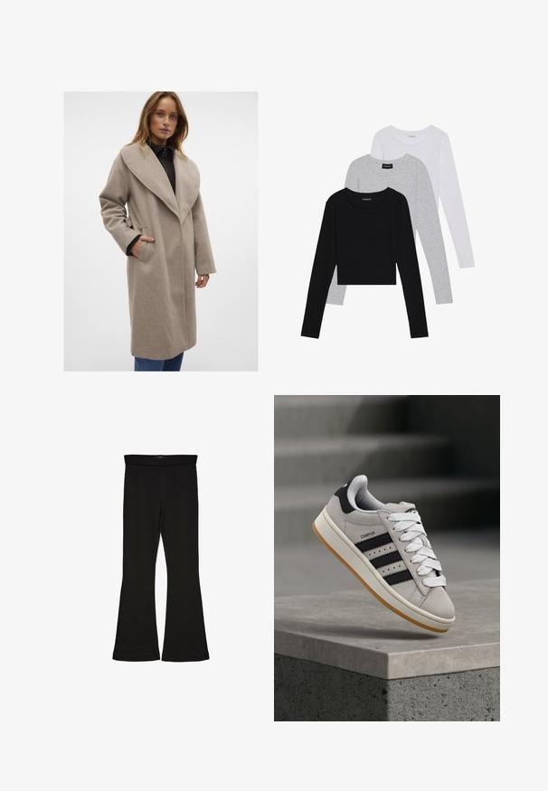 Cappotto in misto lana beige con ampio colletto, maniche lunghe, tasche laterali e vestibilità comoda, indossato sopra un top scuro e jeans blu.; Tre magliette a maniche lunghe impilate: nera, grigia e bianca. Ognuna ha un colletto rotondo e un design accorciato con tessuto morbido e leggero.; Leggings a zampa nera realizzati in un tessuto elasticizzato. Presentano una vita alta e una superficie liscia, con una silhouette aderente che si ampia all'orlo.; Sneaker Adidas Campus grigia con strisce nere e lacci bianchi che fluttua sopra un bordo in cemento con scale sullo sfondo.