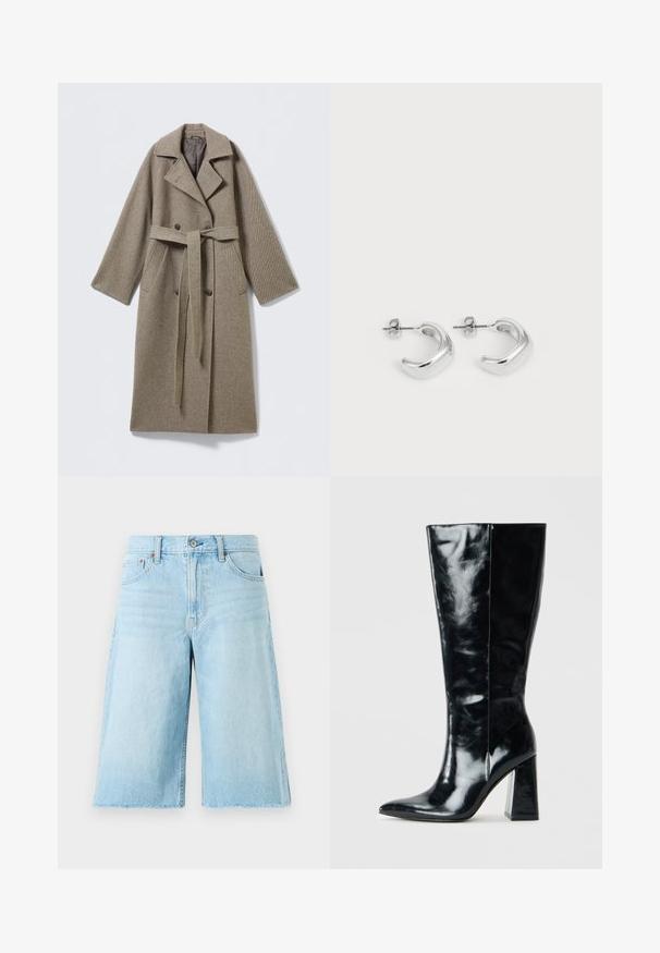 Manteau long en laine beige doux avec un col cranté, une fermeture croisée à boutons, une ceinture à la taille et des poches latérales. Tissu texturé.; Blouse noire ajustée à manches courtes avec fermeture éclair à l'avant et large col, posée à plat sur un fond blanc.; Shorts en denim bleu clair avec une coupe ample, ourlet effiloché, cinq poches et quincaillerie en métal. Design classique de jeans avec un dégradé subtil.; Bottes noires montantes en cuir brillant, avec une pointe effilée et un talon géométrique épais au toucher lisse.; Boucles d'oreilles en argent en forme de hoops avec une finition lisse et polie. Forme ronde avec un design légèrement courbé et des bords fondus. Fermeture à pin.