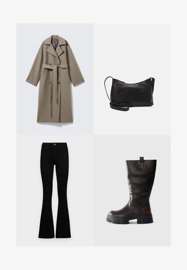 Cappotto lungo in lana color beige spento con collo a revers, chiusura a doppiopetto con bottoni, vita con cintura e tasche laterali. Tessuto texturizzato.; Maglione cropped in nave blu scuro con texture a coste, maniche corte e ampie, e scollatura rotonda. Design semplice, senza motivi o accenti visibili.; Jeans neri a vita alta con chiusura a bottoni e zip, tasche frontali e gambali svasati, distesi su uno sfondo bianco.; Stivale alto in pelle nera con suola platform spessa nera e accentuazione marrone sul tacco, vista laterale su sfondo grigio chiaro.; Borsa a spalla in pelle nera con una texture liscia, forma curva, tracolla regolabile e chiusura con zip. Design minimalista senza ornamenti.