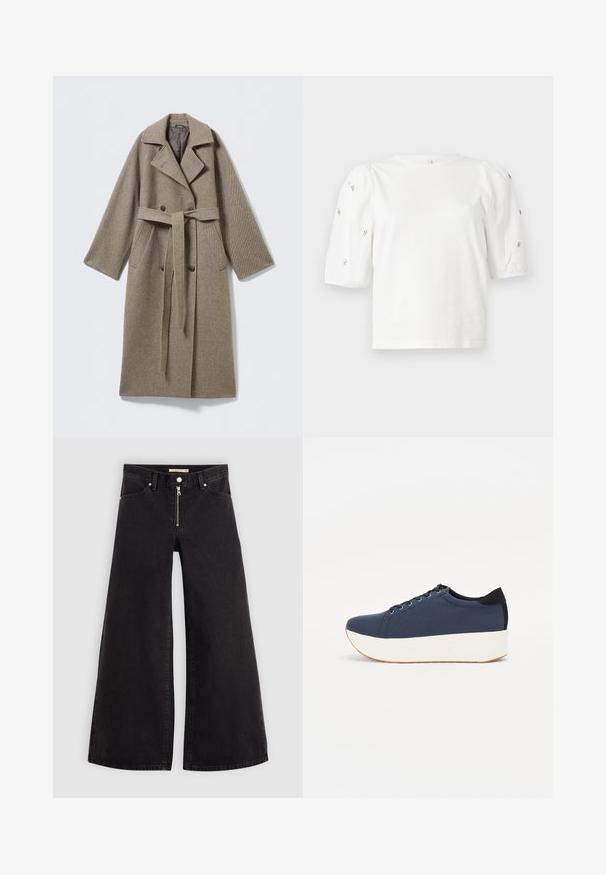 Pikk villane mantel summutatud beežis toonis, sälguga krae, kahe ridadega nööpkinnis, vöökohaga vöö ja küljetaskutega. Tekstureeritud kangas.; Valge puuvillane T-särk lühikeste puffkäistega, millel on väikesed hõbedased kaunistused käiste servades. Klassikaline ümmargune kaelus, vaba ja mugav lõige.; Laiad teksad mustast denimist, millel on lukuga eesmine osa, viie taskuga disain ja peened õmblusdetailid. Sile tekstuur ja juhuslik stiil.; Tumedat sinised tennised tekstureeritud riidest pealispinnaga, valge platvormi tallaga, ümarate varvaste ja musta kontsapaneeliga. Omab kuut silma paelte jaoks.