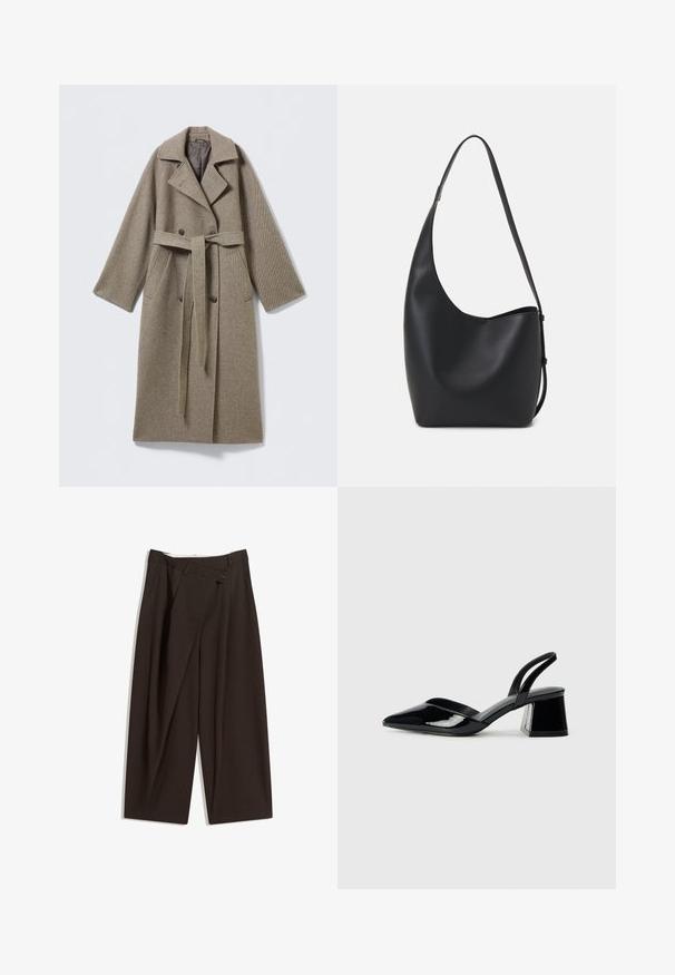 Lange wollen jas in gedempte beige kleur met een reverskraag, dubbele rij knopen, een tailleband en zijzakken. Gestructureerde stof.; Bordeaux lange mouwen top met een ronde hals, gemaakt van een zachte stof. Heeft een aansluitend ontwerp en een rechte zoom. Geen patronen of accenten zichtbaar.; Donkere bruin wijde broek met een hoge taille, voorzien van een enkele knoopsluiting en een geplooide voorkant. Gemaakt van lichtgewicht stof.; Zwarte gepatineerde leren slingback hakken met een spitse neus en een geometrische blokhak. Kenmerkt zich door een slank, minimalistisch ontwerp en een gladde textuur.; Zwarte leren hobo tas met een gladde textuur, kromme vorm en een enkele verstelbare schouderband; heeft een brede opening aan de bovenkant.