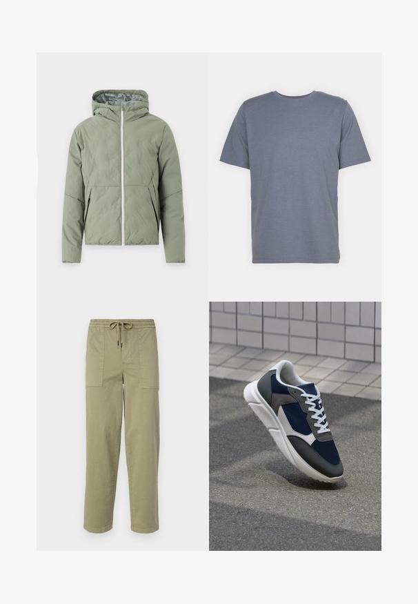 Green, insulated jacket with a hood, zipper closure, and side pockets. Smooth exterior fabric with a lightweight design.; Gray short-sleeve T-shirt with a round neck, made of soft cotton blend fabric. Simple design, no patterns or accents.; Light olive green pants made of cotton blend fabric, featuring an elastic waistband with drawstring, and two large side pockets.; Sneaker featuring a navy blue mesh upper, gray suede accents, white rubber sole, and flat white laces, designed for comfort and breathability.