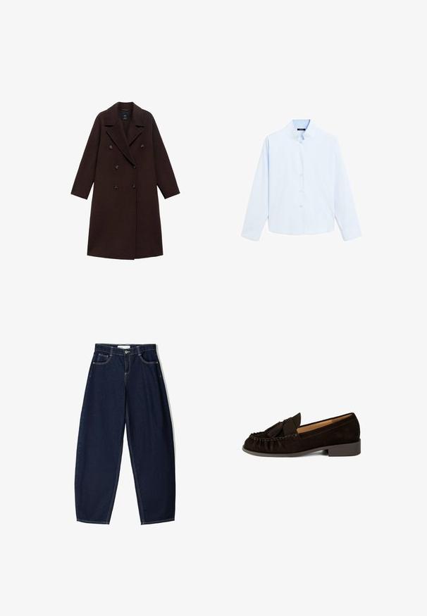 Cappotto in misto lana marrone con design doppiopetto, ampie rever e sei bottoni tondi. Maniche lunghe con orli dritti.; Camicia a maniche lunghe azzurro chiaro con colletto alla coreana, chiusura a bottoni e texture di cotone morbido. Design semplice, senza pattern né accenti.; Pantaloni in denim blu scuro con vestibilità ampia, dotati di cinque tasche, cuciture a contrasto e chiusura con zip davanti.; Mocassini in suede marrone con punta arrotondata, dettagli plissettati e un piccolo accento a nappina. Presentano un tacco basso, leggermente rialzato.