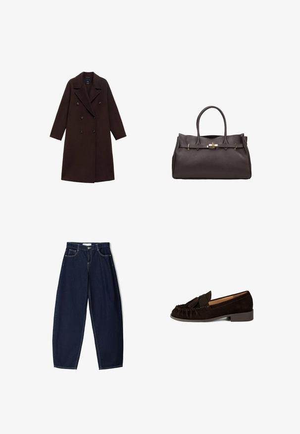 Brauner Wollmischmantel mit einem Doppelreiher-Design, großen Revers und sechs runden Knöpfen. Lange Ärmel mit geraden Säumen.; Himmelblaues Langarmhemd mit Stehkragen, Knopfverschluss vorne und glatter Baumwolltextur. Einfaches Design, keine Muster oder Akzente.; Dunkelblaue Jeanshose mit weitem Bein verfügt über eine hohe Taille, seitliche Taschen und kontrastierende Nähte. Der Stoff hat eine glatte Textur und eine strukturierte Form.; Braune Wildleder-Loafer mit runder Spitze, gefältetem Detail und einem kleinen Quastenakzent. Verfügt über einen niedrigen, leicht gestuften Absatz.; ESTRO DUŻA Z WŁOSKIEJ - Handtasche - dark brown