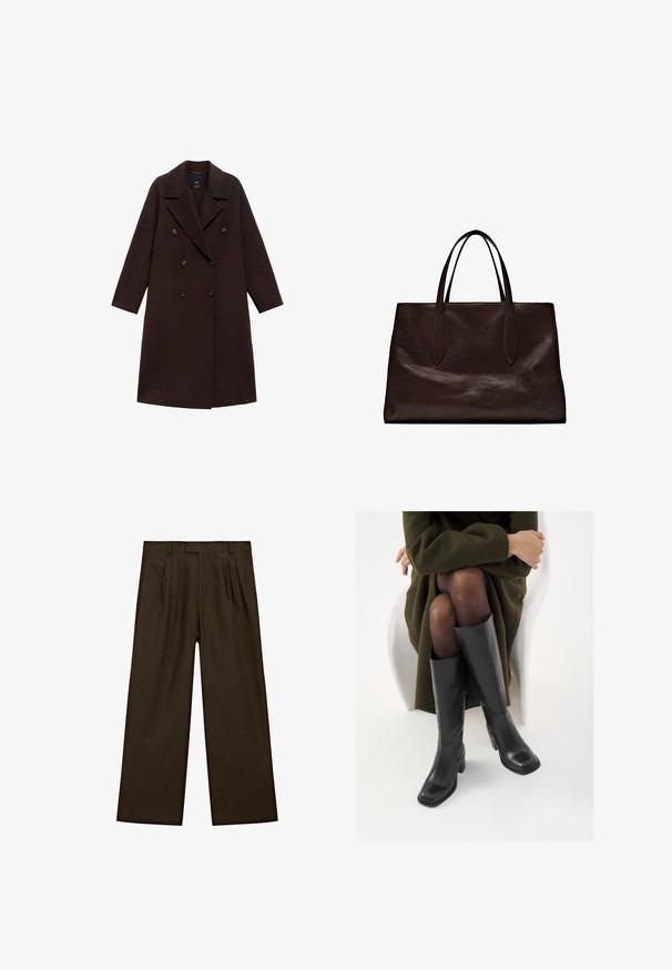 Cappotto in misto lana marrone con design doppiopetto, ampie rever e sei bottoni tondi. Maniche lunghe con orli dritti.; T-shirt corto marrone con scollatura rotonda, maniche corte e una texture morbida. Progettato con una vestibilità rilassata e dettagli minimi.; Pantaloni in lino marroni con vestibilità rilassata, caratterizzati da pinces frontali, una vita piatta e gambe larghe e dritte per una silhouette moderna.; Stivali neri in pelle alti fino al ginocchio con punta squadrata e tacco a blocco, mostrati con un modello seduto in un cappotto verde oliva. Texture liscia, dettagli minimi.; Massimo Dutti Borsa a mano - brown