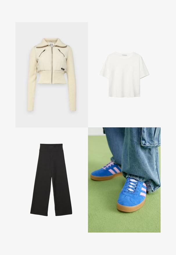 Lyhyt takki pehmeässä kerma-värissä, jossa on ribbitekniikalla varustetut hihat, kaulus ja kaksi vetoketjullista etutaskua. Sujuva pinta, slim fit.; Valkoinen lyhythihainen T-paita, joka on tehty puuvillasta. Siinä on pyöreä kaula-aukko ja rento malli. Silkkinen pinta ilman näkyviä kuvioita tai koristeita.; Mustat leveälahkeiset housut, joissa on korkea joustava vyötärö, pehmeä kangas ja väljät mitat, sopivat arkiseen käyttöön tai rentoihin tiloihin.; Siniset mokkakengät, joissa on vaaleanpunaiset raidat ja valkoiset nauhat, kumipohjalla, yhdistettyinä löysiin denimgyneihin vihreällä pinnalla.
