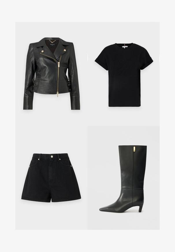 MARCIANO BY GUESS PEGGY JACKET - Kožnata jakna - jet black; Crna pamučna majica s kratkim zavrnutim rukavima, s reljefnim logotipom u središtu i malim akcentom zastave sa strane.; Crne traper kratke hlače viskog struka, s pet džepova, srebrnim detaljima i klasičnim krojem, koje imaju glatku teksturu i uredan završetak.; Crne kožne čizme do koljena s šiljastim nosom i malim potpeticom. Imaju elegantan dizajn s detaljima u zlatnoj boji. Glatka tekstura.