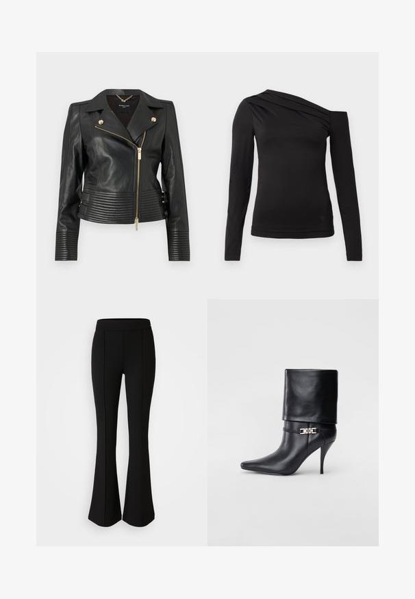 MARCIANO BY GUESS PEGGY czarny; Czarny top z długim rękawem o asymetrycznym dekolcie, z jednym odsłoniętym ramieniem i delikatnym drapowaniem na klatce piersiowej.; Czarne spodnie dzwony z elastycznego materiału o gładkiej strukturze, z detalami szwów z przodu dla dodatkowego stylu.; Czarne skórzane botki za kostkę z ostrym noskiem, wysokim obcasem w kształcie stiletto, z załamanym mankietem oraz złotym dekoracyjnym zapięciem na kostce.
