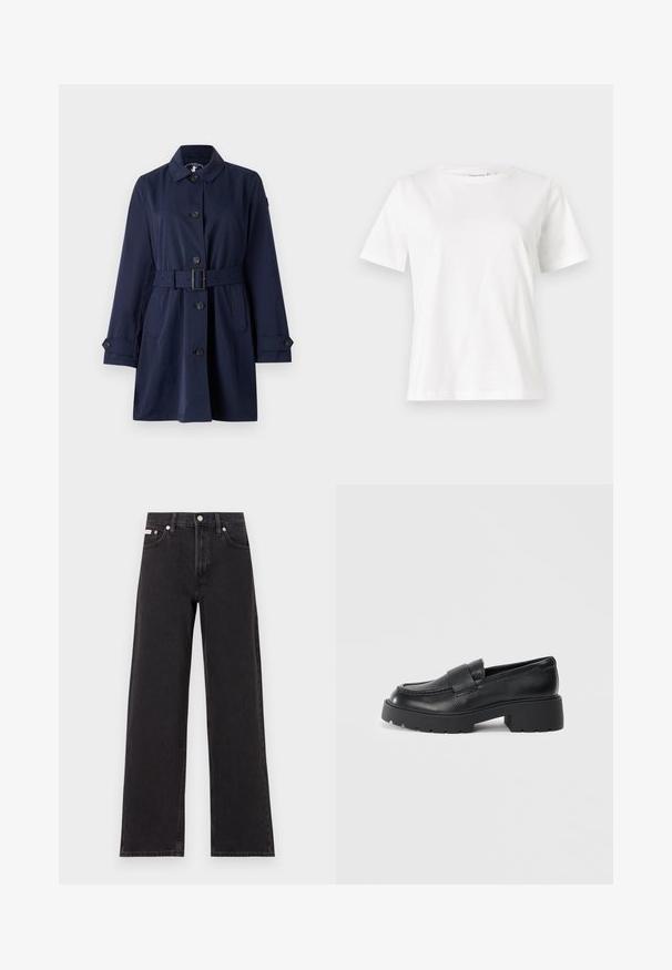 Marineblauwe trenchcoat met een kraag, knoopsluiting, ceintuur in de taille en zijzakken. De stof is zacht met een gestructureerd ontwerp.; Witte katoenen t-shirt met korte mouwen, ronde halslijn en een ontspannen pasvorm. Gladde textuur, geen patronen of accenten, minimalistisch ontwerp.; Zwarte wijde spijkerbroeken van denim, met een hoge taille, vijf-pocket stijl en een metalen knoopsluiting met contrasterende stiksels.; Zwarte leren instappers met een gestructureerde afwerking, voorzien van een rechthoekige band over de voorkant en een robuuste, gegroefde zool.
