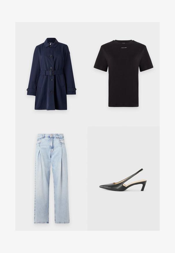 Marineblauer Trenchcoat mit Kragen, Knopfverschluss, tailliertem Gürtel und seitlichen Taschen. Der Stoff ist glatt mit einem strukturierten Design.; Schwarzes Baumwoll-T-Shirt mit kurzen Ärmeln, Rundhalsausschnitt und kleinem weißen "Calvin Klein"-Logo auf der Brust. Glatte Textur, klassischer Schnitt.; Helle blaue Denim-Jeans mit hoher Taille, weitem Beinschnitt, zwei seitlichen Taschen und gefaltetem Design. Weiche Textur mit einem ausgebleichten Finish.; Schwarzer spitz zulaufender Slingback-Schuh mit niedrigem Absatz, der aus glattem Leder gefertigt ist und seitliche Ausschnitte für Atmungsaktivität aufweist.