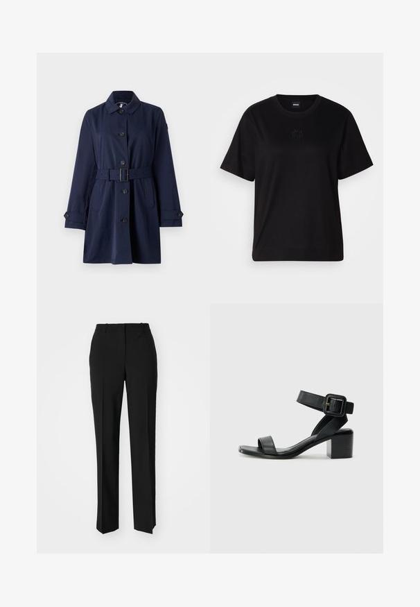Navy blue trench coat with a collar, button closure, belted waist, and side pockets. The fabric is smooth with a structured design.; Black cotton t-shirt with a crew neckline, short sleeves, and an embroidered logo on the chest. Simple, relaxed fit with no patterns.; Black tailored trousers with a straight-leg design, featuring a smooth texture and crisp creases along the front. No visible hardware.; Black leather heeled sandal with adjustable ankle strap, open toe design, and a square block heel. Smooth texture, minimalistic style.