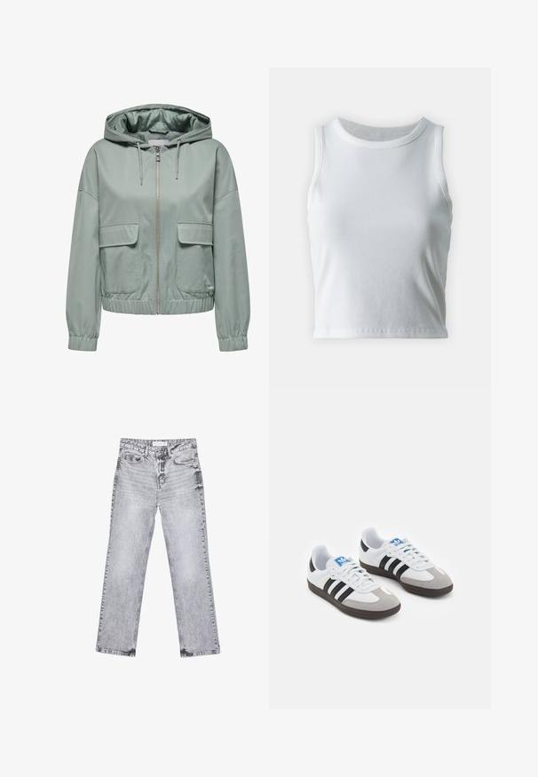 Helle grüne Kapuzenjacke mit einem Reißverschluss auf der Vorderseite, elastischen Bündchen und Saum sowie zwei großen Klappentaschen auf der Vorderseite. Glatte Textur.; Weißes, geripptes Tanktop mit runder Ausschnittform und ärmellosem Design, ausgestattet mit einem geraden Saum und einer glatten, dehnbaren Textur.; Graue Jeans aus Denim mit geradem Bein, mit Used-Effekten, fünf Taschen und kupferfarbenen Nieten. Der Bund verfügt über ein Logoshirt.; Sportschuhe mit einem Obermaterial aus weißem Leder, grauer Wildleder-Zehenkappe und drei schwarzen Streifen. Sie verfügen über ein blaues Logo auf der Zunge und eine strukturierte Gummisohle.