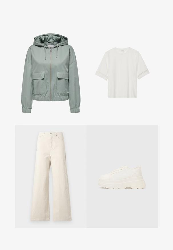 Een lichtgroene hoodie-jack met een rits aan de voorkant, elastische boorden en zoom, en twee grote klepzakken aan de voorkant. Soepele textuur.; Witte korte mouwen t-shirt van katoen, met een decoratieve kantafwerking langs de mouwen en een ronde halslijn.; Beige wijde broek van katoen, met een knoopsluiting aan de voorkant, zijzakken en een gladde textuur. Minimalistisch ontwerp zonder patronen.; Witte canvas sneaker met een stevige zool, ronde neus en vijf gaatjes voor veters. Achterste tab voor gemakkelijk aan- en uittrekken. Vloeibare textuur, minimalistisch ontwerp.