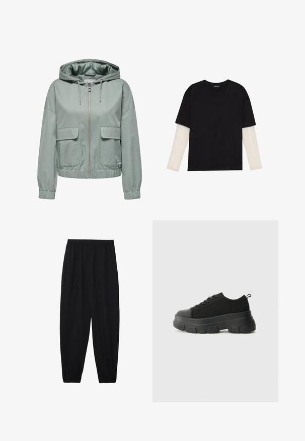 Šviesiai žalia gaubtinė striukė, su priekiniais užtrauktukais, elastinėmis rankovėmis ir apačia, bei dviem didelėmis kišenėmis su atvartais priekyje. Lygus paviršius.; Juodas medvilninis marškinėliai su trumpomis rankovėmis, virš baltos ilgo rankovio sluoksnio, turinčio subtilų tekstūrinį raštą. Apvalus iškirpimas.; Juodi, lengvi kelnių su elastinga juosmens juosta ir surinktais kulkšniais. Audinys yra lygus ir turi atsipalaidavusį, siaurėjantį dizainą.; Juodos sportinės bateliai su stambiu guminiais padu, tekstūrizuotu audinio viršumi, apvaliu pirštu ir raištelių uždarymu. Yra sutvirtinti akių angos ir nugaros kilputė.