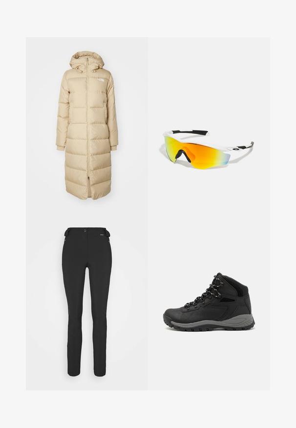 Cappotto imbottito beige con cappuccio, dotato di zip frontale, maniche lunghe e design lungo fino al ginocchio. Texture liscia e sezioni trapuntate.; T-shirt in cotone nero con collo a giro e maniche corte. Logo bianco ben visibile sulla parte superiore sinistra. Tessuto liscio, vestibilità casual.; Pantaloni neri aderenti realizzati in materiale flessibile. Presentano una tasca laterale con zip, ginocchia articolate e una texture liscia.; Stivale da trekking nero con design a metà altezza, dotato di una tomaia texturizzata, accenti grigi e suola in gomma resistente con tasselli per la trazione.; Occhiali da sole sportivi bianchi con design curvo, dettagli in gomma nera e lenti specchiate arancione-giallo che sfumano nel blu.
