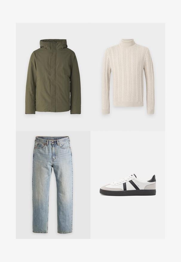 Olivegrüne wasserdichte Jacke mit hohem Kragen, Kapuze und minimalistischer Design. Verfügt über lange Ärmel und einen geraden Schnitt. Keine sichtbaren Verschlüsse.; Beige, gestrickter Pullover mit hohem, geripptem Rollkragen. Er verfügt über ein strukturiertes Zopfmuster sowie gerippte Bündchen und Saum, was ein gemütliches Erscheinungsbild bietet.; Helle blaue Jeans mit hoher Taille, Frontknopf, Reißverschluss und fünf Taschen-Design, flach auf einem neutralen Hintergrund ausgelegt.; Weiße Sneaker mit schwarz- und grau-aczenten, ausgestattet mit einer strukturierten grauen Zehenkappe, schwarzer Gummi-Sohle und flachen weißen Schnürsenkeln. Sauberes Design, minimalistische Stil.