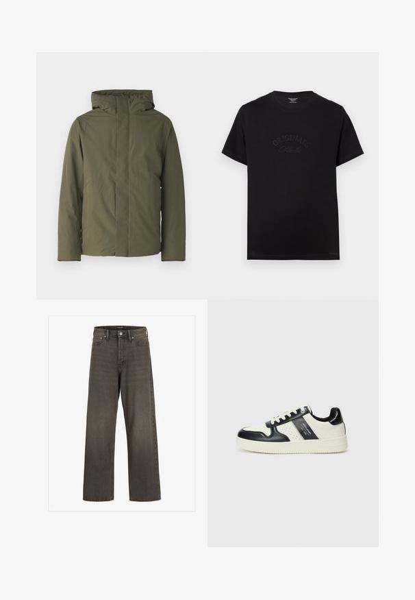 Olivegrüne wasserdichte Jacke mit hohem Kragen, Kapuze und minimalistischer Design. Verfügt über lange Ärmel und einen geraden Schnitt. Keine sichtbaren Verschlüsse.; Schwarzes Baumwoll-T-Shirt mit kurzen Ärmeln und rundem Halsausschnitt. Auf der Vorderseite befindet sich der Schriftzug "ORIGINALS Studio" in eingeprägten, tonalen Buchstaben.; Weite Jeans aus dunkelgrauem Denim mit hoher Taille, klassischem Fünf-Taschen-Design und kontrastierendem Stepp entlang der Nähte.; Leder-Sneaker in Schwarz- und Cremetönen, mit perforierten Akzenten, einem gepolsterten Kragen und einer strukturierten Laufsohle.