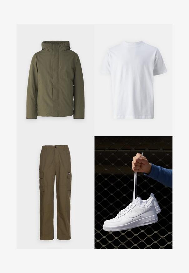 Olíva zöld vízálló dzseki magas gallérral, kapucnival és minimalista dizájnnal. Hosszú ujjú és egyenes fazonú. Nincsenek látható záródások.; Fehér, rövid ujjú pamut póló, kerek nyakkivágással, sima textúrával, egyenes szabással és minta nélkül.; Olajzöld cargo nadrág, tartós anyagból készült. Két oldalsó zsebe van, szabványos derékkal és egyenes fazonnal rendelkezik.; Fehér bőr sportcipők perforációval, kerek orral, lapos talppal és vastag fűzőkkel, látható swoosh logóval és "AIR" felirattal a sarokrészen.