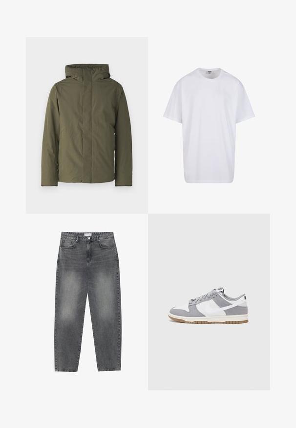 Giacca impermeabile verde oliva con colletto alto, cappuccio e design minimalista. Presenta maniche lunghe e un taglio dritto. Senza chiusure visibili.; Maglietta bianca in cotone con maniche corte, scollatura rotonda, vestibilità comoda e senza loghi o motivi visibili. Texture liscia e design minimale.; Jeans a vita alta, dal taglio ampio in denim nero sbiadito. Presentano cinque tasche, passanti per cintura e un design dritto e pulito.; Sneaker grigia e bianca con tomaia in suede e pelle, punta arrotondata, lacci piatti e soletta in gomma con un accento color caramello.
