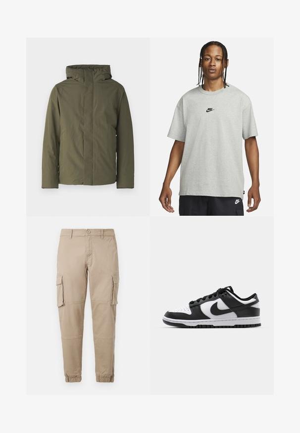 Olivovo zelená nepremokavá bunda s vysokým golierom, kapucňou a minimalistickým dizajnom. Má dlhé rukávy a rovný strih. Bez viditeľných uzáverov.; Mladý človek s vrkôčikmi, oblečený v svetlošedé tričko Nike a čierne šortky Nike, na pozadí bielej steny.; Béžové cargo nohavice vyrobené z ľahkej bavlny. Majú elastické manžety, viacero bočných vreciek a zapínanie na gombík.; Čierno-biele tenisky Nike Dunk s koženým vrchom, perforovanou špičkou, čiernymi šnúrkami a čiernou gumovou podrážkou s dezénom.