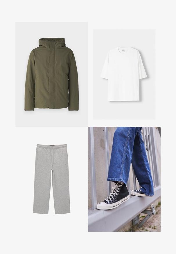 Olivno zelena vodootporna jakna s visokim ovratnikom, kapuljačom i minimalističkim dizajnom. Ima duge rukave i ravni kroj. Nema vidljivih zatvarača.; Bijela kratkodlana majica s kratkim rukavima, izrađena od pamuka, s okruglim izrezom i opuštenim krojem. Gladak materijal, bez vidljivih uzoraka ili akcenta.; Sive cotton hlače za opuštanje s elastičnim pojasom, vezicom i dva bočna džepa; ravni kroj, mekana tekstura, bez uzoraka.; Crne visoke tenisice s bijelim potplatom i vezicama, u kombinaciji s širokim plavim trapericama, naslonjene na sivi ogradu.