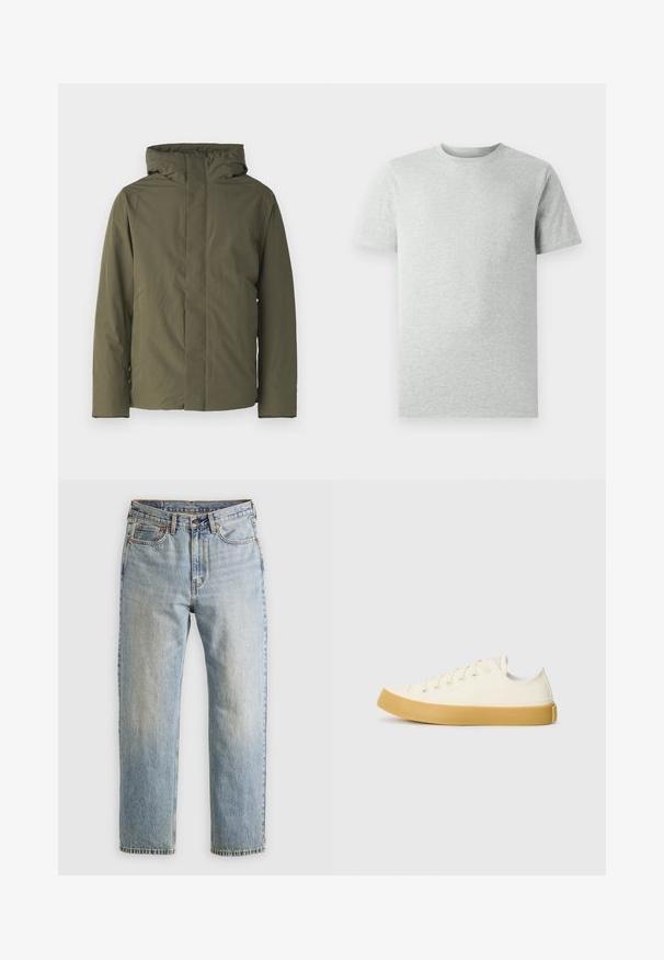 Olive green waterproof jacket with a high collar, hood, and minimalistic design. Features long sleeves and a straight cut. No visible closures.; Plain light gray short-sleeve crew neck T-shirt displayed on a white background, front view with no visible logos or designs.; Light blue denim jeans with high waist, front button, zipper, and five-pocket design, laid flat on a neutral background.; Canvas sneakers in off-white with a round toe, featuring beige rubber soles and five eyelets for laces, textured finish on the upper.