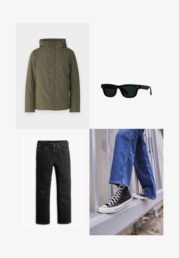 Olivegrüne wasserdichte Jacke mit hohem Kragen, Kapuze und minimalistischer Design. Verfügt über lange Ärmel und einen geraden Schnitt. Keine sichtbaren Verschlüsse.; Schwarzes T-Shirt mit kurzen Ärmeln aus Baumwolle. Hat einen Rundhalsausschnitt und eine lockere Passform. Einfaches Design ohne sichtbare Muster oder Akzente.; Schwarze Jeans im geraden Schnitt mit fünf Taschen, Gürtelschlaufen und einem Knopfverschluss an der Taille, flach auf einem weißen Hintergrund ausgelegt.; Schwarze High-Top-Sneaker mit weißer Sohle und Schnürsenkeln, kombiniert mit lockeren blauen Jeans, die auf einem grauen Geländer ruhen.; Schwarze Sonnenbrille mit quadratischen Rahmen, dunklen Gläsern und glattem Kunststoffmaterial. Sie verfügt über kleine, runde Akzente auf der Vorderseite und schlanke Bügel.
