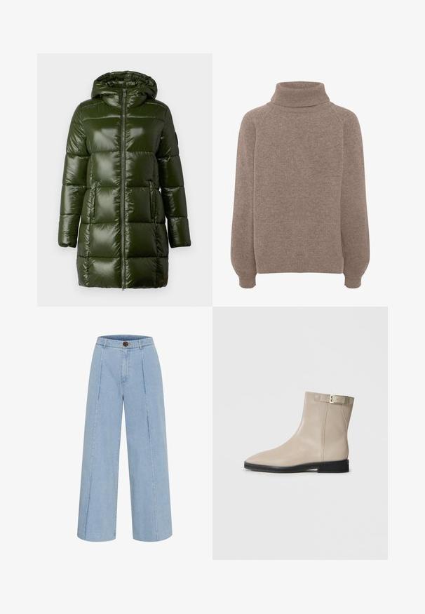 Tamnozeleni puffer kaput s sjajnim finišem, s kapuljačom, prednjim zatvaračem i velikim prošivenim dijelovima. Glatka tekstura i dizajn srednje dužine.; Smešani smeđi pleteni džemper s visokim rolkom, raglan rukavima i rebrastim manžetama. Mekana tekstura s opuštenim krojem. Nema vidljivih uzoraka ili akcenta.; Svijetloplave široke traperice izrađene od denima, s kopčanjem na gumb i dva prednja šava koja vertikalno prolaze.; Bež kožne čizme do gležnja s šiljastim vrhom, crnom potplatom, niskom petom i zlatnom kopčom s vanjske strane, prikazane na bijeloj pozadini.
