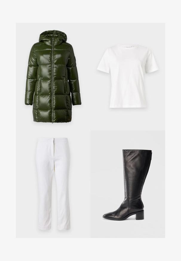 Temnozelena napihnjena jakna s sijočo površino, z kapuco, sprednjim zadrgo in velikimi prešitimi deli. Gladka tekstura in srednje dolga zasnova.; Bela bombažna majica s kratkimi rokavi, okroglo izrezana in ohlapnega kroja. Gladka tekstura, brez vzorcev ali dodatkov, minimalističen dizajn.; Beli bombažne hlače s ravnim krojem, srednje visoko pasom, brez vidnih kovinskih elementov ali vzorcev. Gladka textura po vsej površini.; Črne usnjene čizme do kolen s kvadratnim nosom, blokastim peto in elegantnim dizajnom. Gladka tekstura s stranskim zadrgo za enostavno obuvanje.