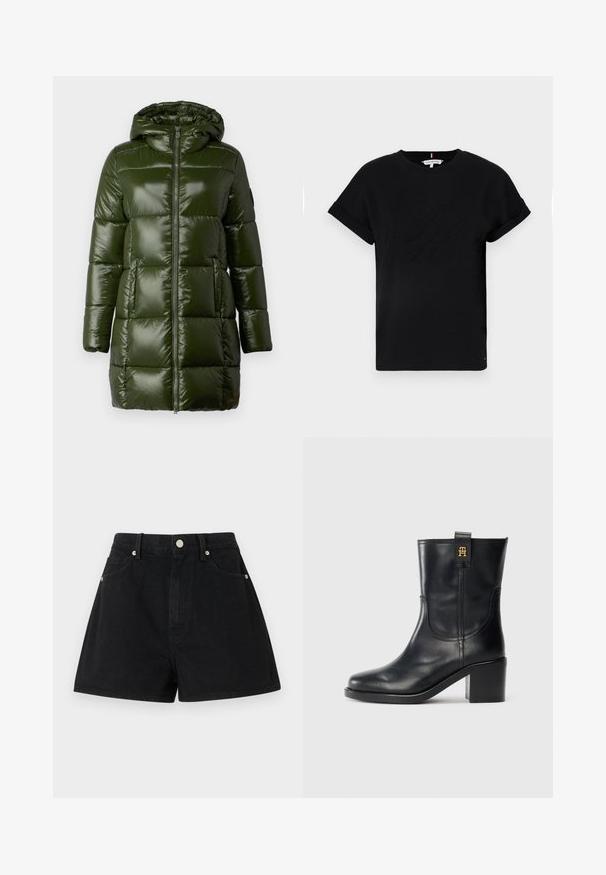 Dark green puffer coat with a shiny finish, featuring a hood, a front zipper, and large quilted sections. Smooth texture and mid-length design.; Black cotton t-shirt with rolled short sleeves, featuring an embossed logo in the center and a small flag accent on the side.; Black denim shorts with a high waist, five pockets, silver hardware, and a standard fit, featuring a smooth texture and clean finishing.; Black leather mid-calf boot with block heel and gold "TH" logo on pull tab against white background.