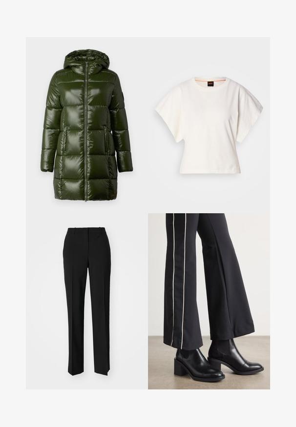 Tumši zaļš pufīgs mētelis ar mirdzošu apdari, tam ir uzvalku kapuce, priekšējais rāvējslēdzis un lieli izšūti laukumi. Gluda tekstūra un vidējs garums.; Balts īsais T-krekls, plašas īsas piedurknes, mīksts kokvilnas materiāls, apaļa kakla izgriezums ar delikātu oranžu apdari, minimāls dizains, bez rakstiem vai grafikām.; Melnas pielāgotas bikses ar taisnu kāju dizainu, kas raksturojas ar gludu faktūru un asiem krokām pa priekšu. Nav redzamu metāla detaļu.; Melnas ādas potīšu zābaki ar blokveida papēdi, aprīkoti ar elastīgām sānu paneļiem. Kombinēti ar melniem biksēm, kuru sānos ir baltas svītras.