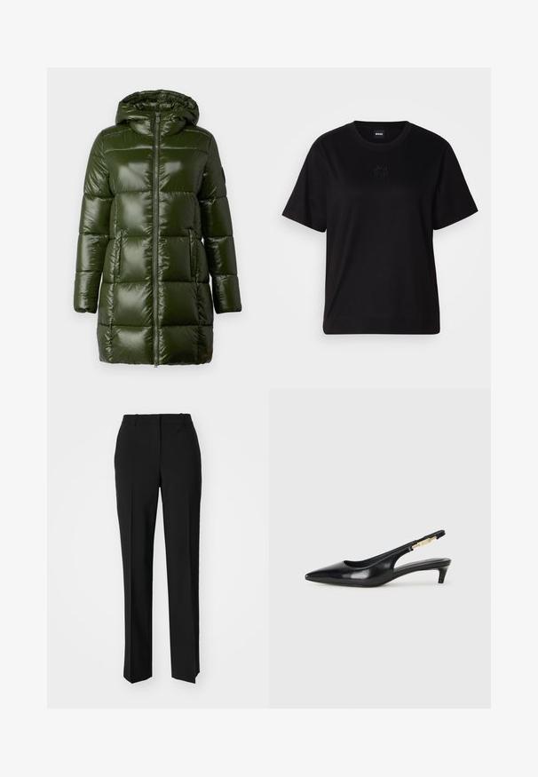 Tummanvihreä puhvitakki, jossa on kiiltävä pinta, huppu, etuvetoketju ja suuret tikatut osiot. Silkkinen rakenne ja keskipitkä malli.; Musta puuvillapaita, jossa on pyöreä kaula-aukko, lyhyet hihat ja brodeerattu logo rinnassa. Yksinkertainen, rento istuvuus ilman kuvioita.; Mustat räätälöidyt housut suoraa lahjetta, joissa on sileä pinta ja terävät taitteet edessä. Ei näkyvää metalliosaa.; Mustat nahkaiset slingback-korkokengät, joissa on terävä kärki, ohuet korot ja kultasävytteinen yksityiskohta säädettävässä hihnassa. Silkkinen pinta.