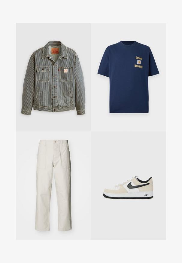 Pruhovaná džísková bunda s předním zapínáním na knoflíky, dvěma náprsními kapsami a štítkem Levi's. Obsahuje klasický límec a manžety na rukávech.; Námořnická modrá bavlněná tričko s krátkým rukávem, se zlatým textem "Carhartt University" a nášivkou na levé hrudi.; Světle béžové kalhoty s širokými nohavicemi vyrobené z bavlny. Obsahují přední kapsy a zapínání na knoflík. Hladký povrch s jemnými vertikálními pruhy.; Tenisky s lehkým béžovým semišem a horní částí z bílé kůže, černý Nike swoosh, černé akcenty a bílá gumová podrážka s logem "AIR".