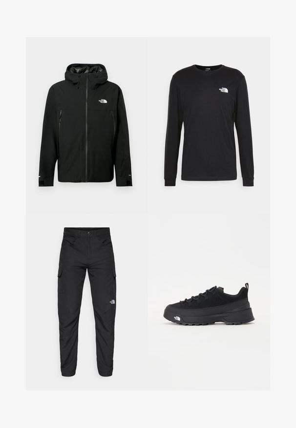 Casaco preto com capuz, com fecho zip frontal, dois bolsos laterais com fecho zip, punhos ajustáveis e um logótipo no peito. Textura suave e material à prova de água.; Camisola de manga longa preta feita de algodão, com um logo branco no lado esquerdo do peito e punhos canelados. Textura suave com decote redondo.; The North Face HORIZON PANT - Calças para exterior - black; Sapatilha de exterior preta com parte superior em camurça, sola de borracha texturizada e sistema de atacadores robusto. Apresenta um calcanhar reforçado e o logótipo da marca na lateral.