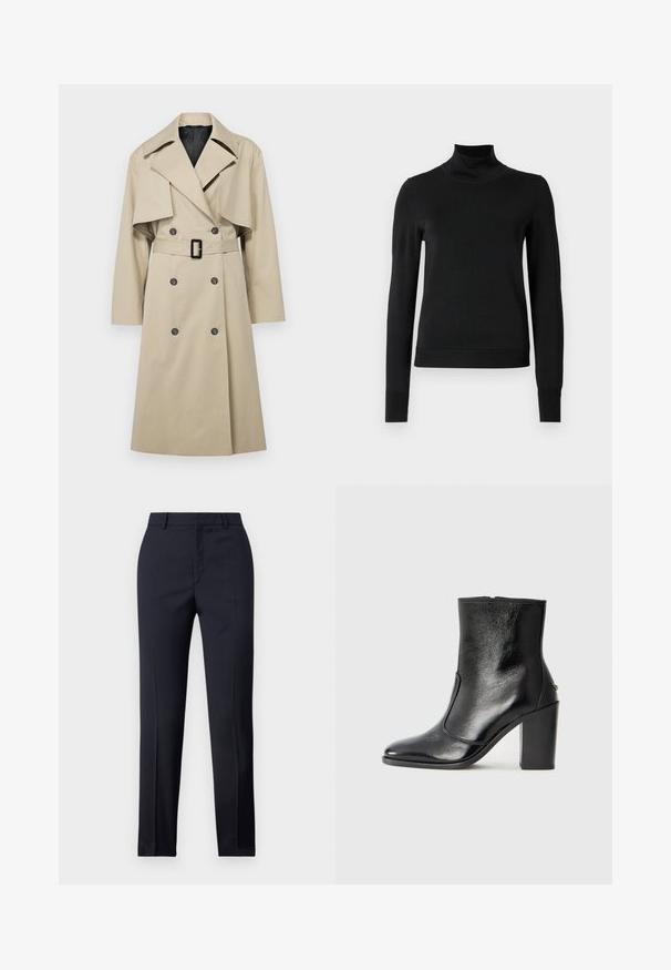 Beżowy trencz o podwójnym zapięciu, dużym kołnierzu, z paskiem w talii oraz detalami w postaci klapek na ramionach. Materiał wydaje się gładki.; Czarny sweter z długim rękawem i stojącym kołnierzem, z prążkowanymi mankietami i dołem, zaprezentowany na białym tle.; Granatowe spodnie dopasowane o prostym kroju, o gładkiej fakturze, z dwoma przednimi kieszeniami i czystym pasem.; Czarne skórzane botki za kostkę o gładkiej fakturze, spiczastym nosku i grubym wysokim obcasie. Posiadają boczne wycięcie i minimalistyczny design.